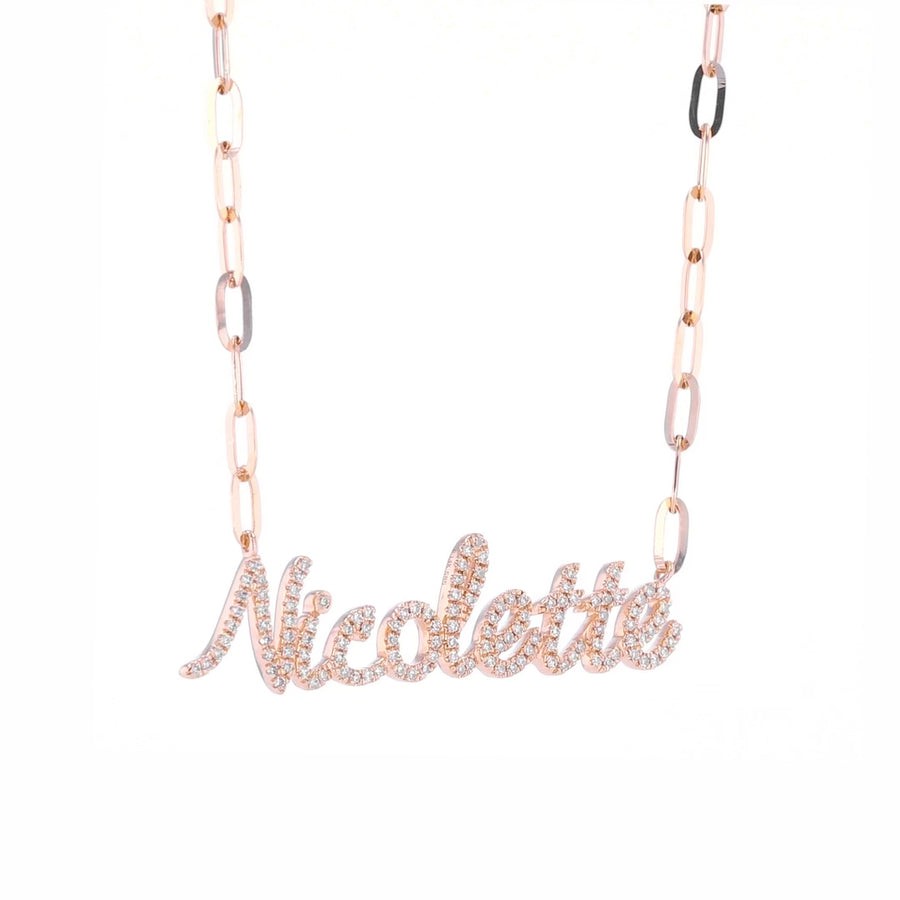 Diamond Script Name Necklace on Paperclip Chain