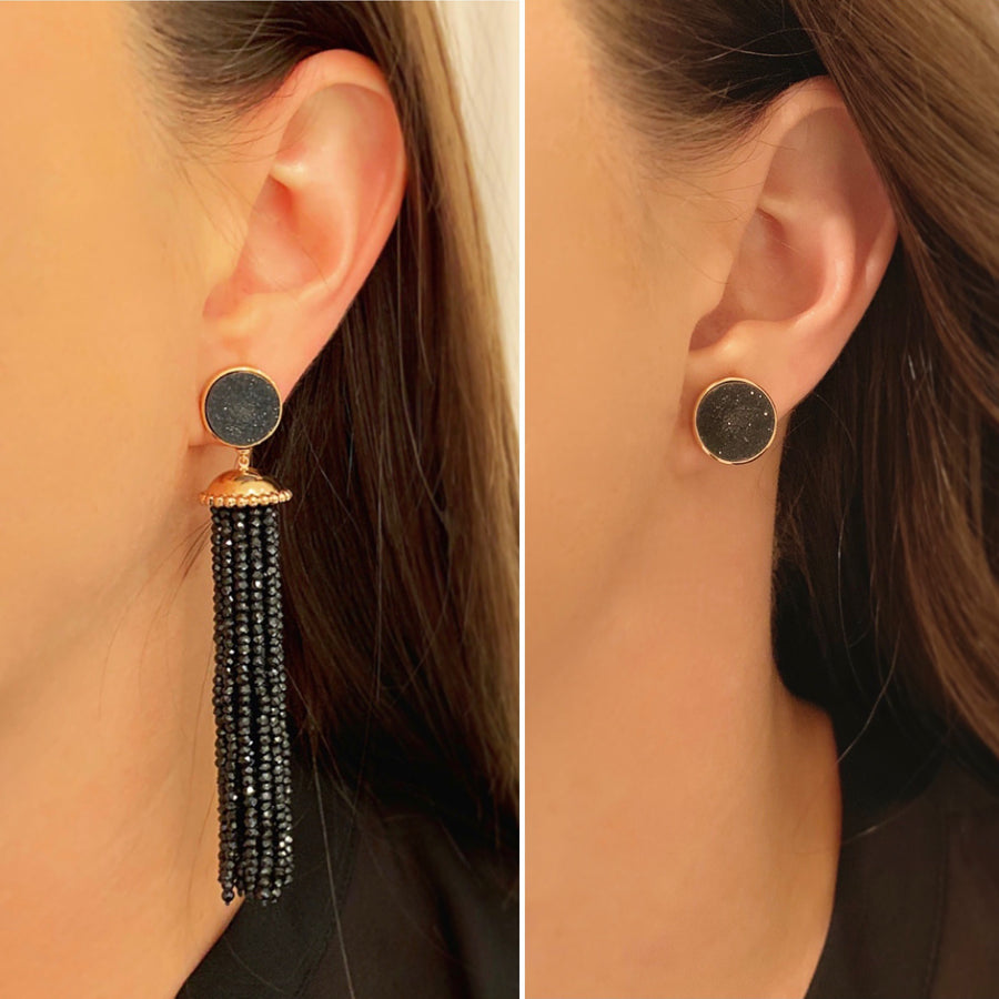 Black Spinel Convertible Tassel to Stud Earrings