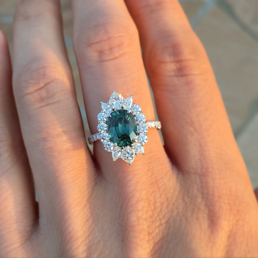 Blue-Green Sapphire and Diamond Ring