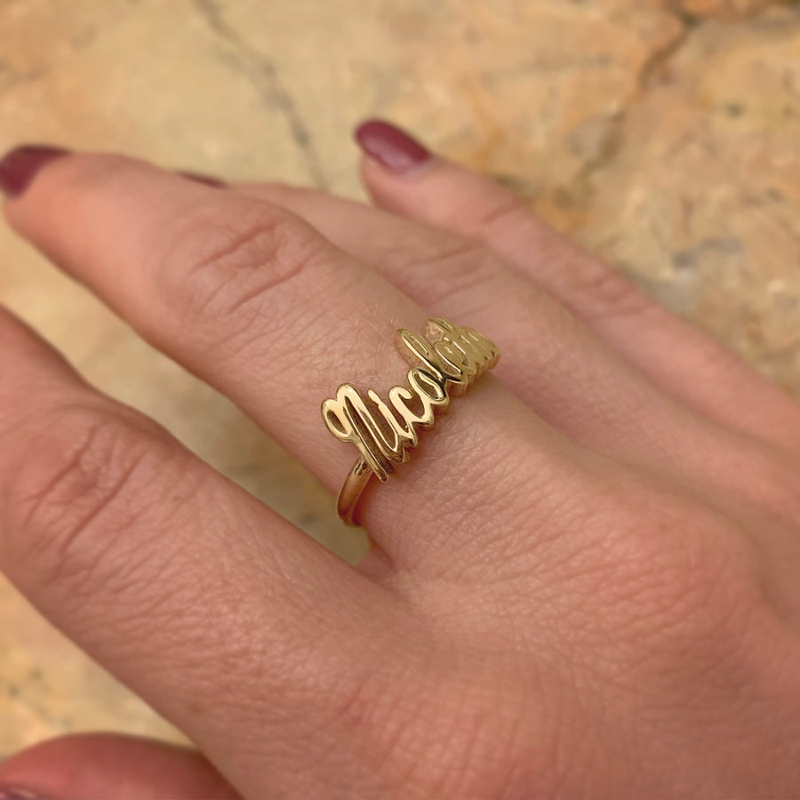 Personalized Two-Finger Name Ring with Beading and Rhodium With Tail 