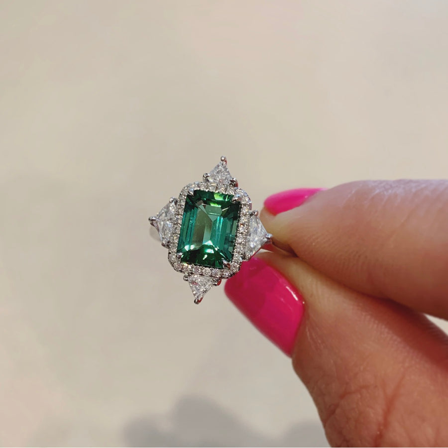 Green Blue Tourmaline & Diamond Ring
