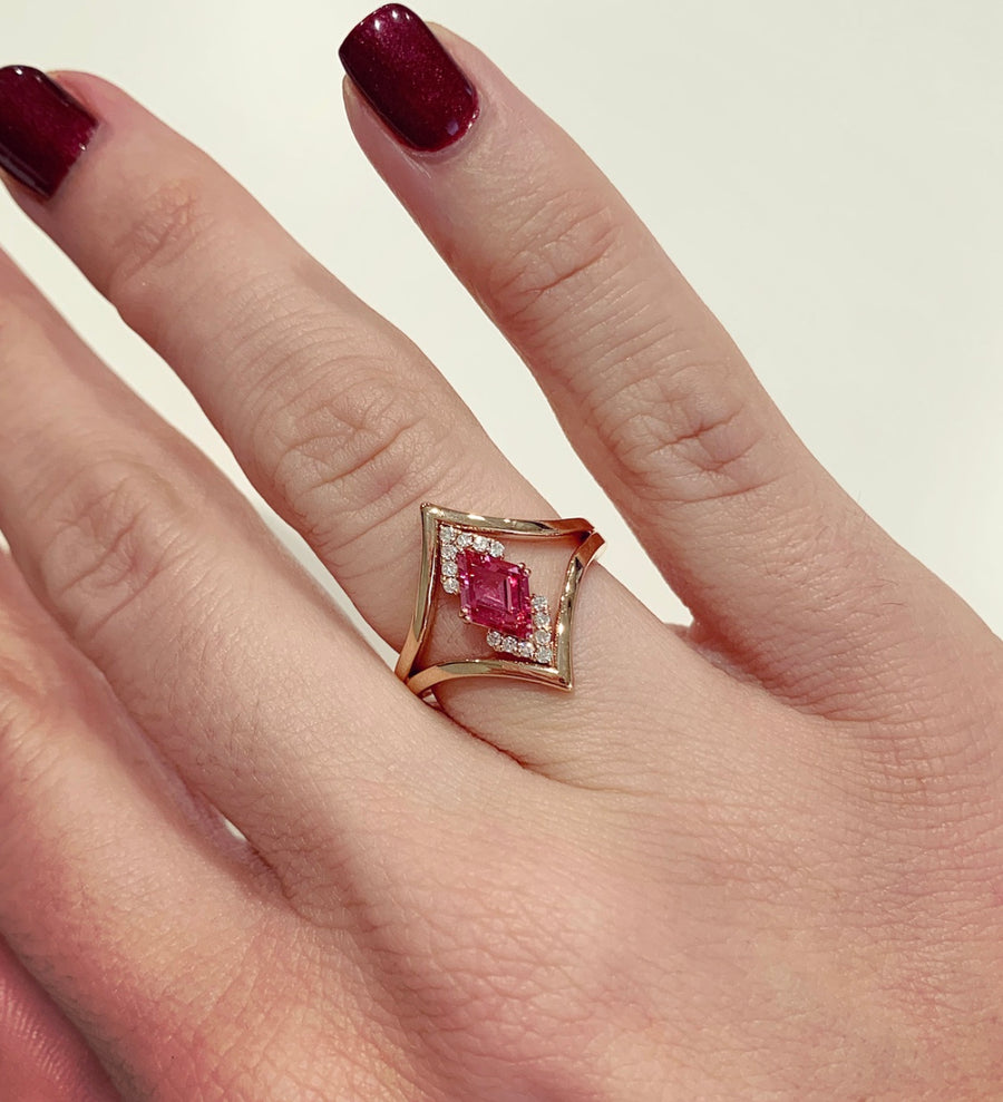 Hot Pink Spinel & Diamond Ring